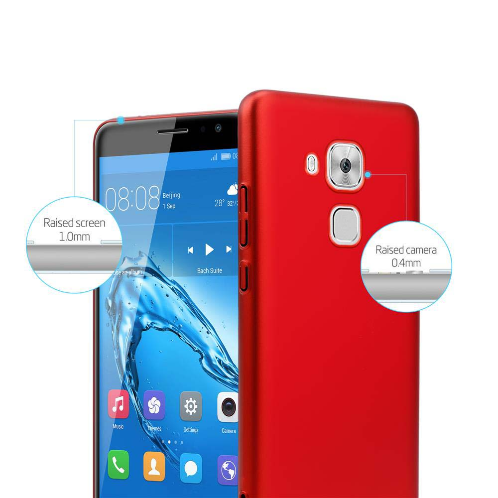 Custodia rossa per telefono. Lo schermo mostra ora e data. Dettagli schermo e fotocamera rialzati.