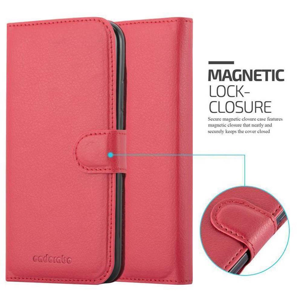 Custodia rossa chiusa, con testo: MAGNETIC LOCK-CLOSURE. Vista ravvicinata della custodia.
