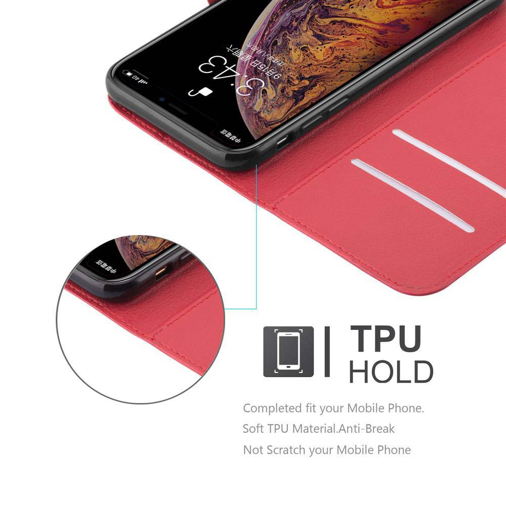 Custodia rossa con telefono. Mostra TPU HOLD e testo.