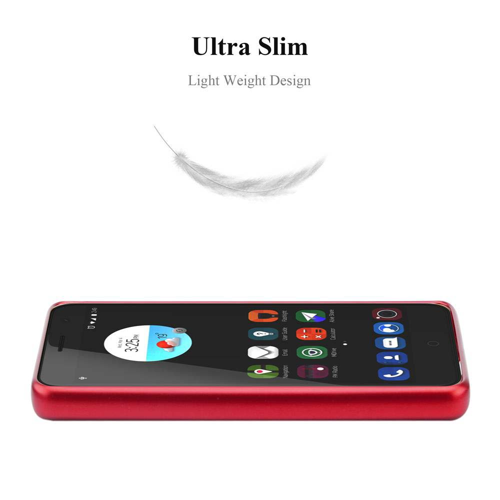 Telefono rosso con schermo nero. Testo: Ultra Slim, Light Weight Design. Sfondo bianco.