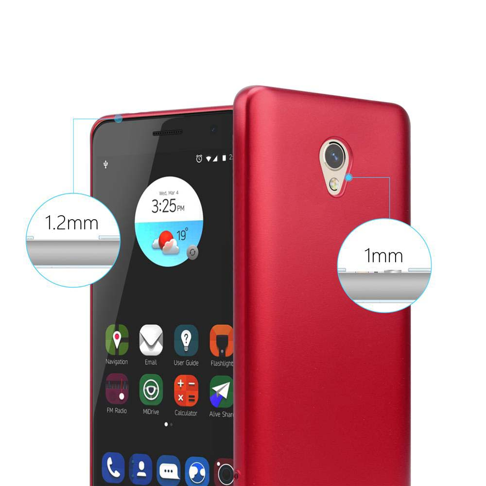 Due smartphone rossi, uno con schermo acceso, mostra app. Un cerchio mostra lo spessore.