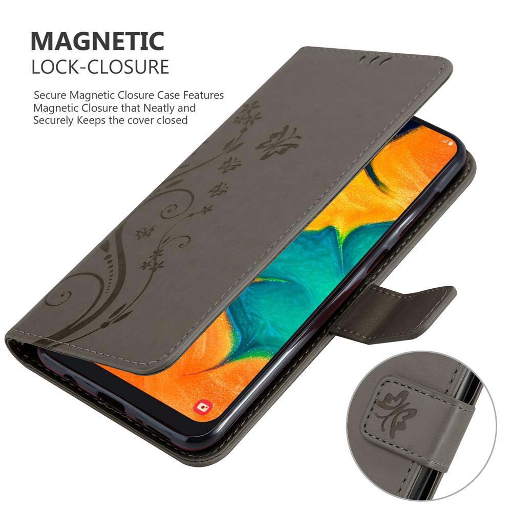 Custodia per telefono con design floreale. Colore grigio scuro. Telefono all'interno visibile.