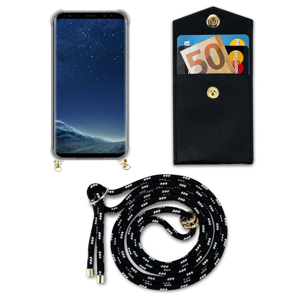 Telefono con cordino e piccolo portafoglio nero con carta e denaro.