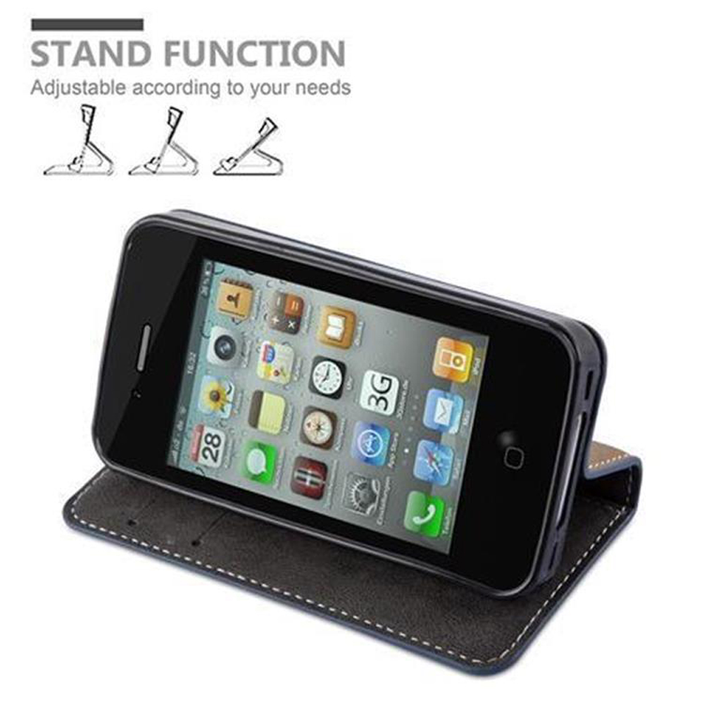 iPhone nero in custodia nera, aperto, su superficie marrone con testo funzione supporto.