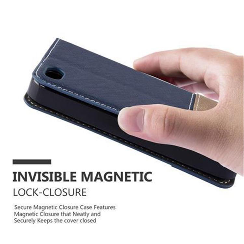 Mano che tiene la custodia del telefono chiusa. Testo: Chiusura magnetica invisibile. Chiusura magnetica sicura.