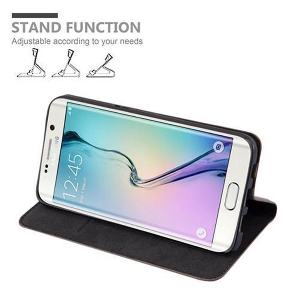 Telefono in custodia nera aperto che mostra lo schermo appoggiato. Testo: "Stand Function" e diagrammi.