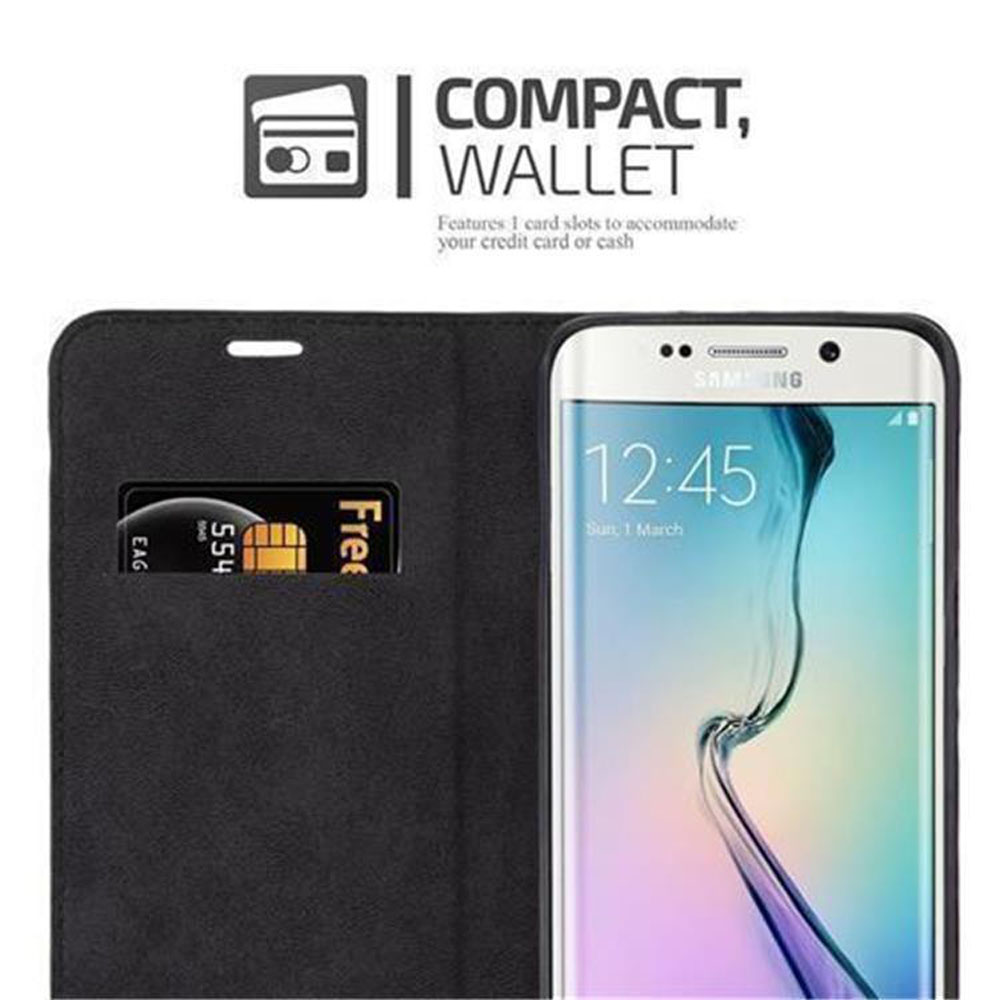 Custodia per telefono nera con un telefono. Una carta è in uno slot. Testo: Portafoglio compatto.