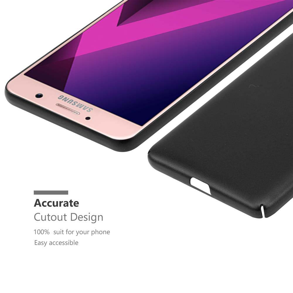 Ein Telefon in einer Hülle, zeigt den Bildschirm und die schwarze Hülle. Text über präzises Ausschnittdesign.