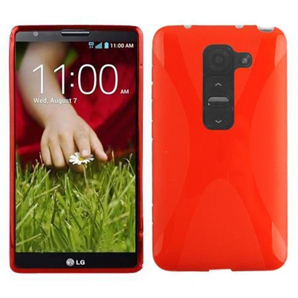 Custodia per telefono rossa con display. Il telefono mostra una mano e un fiore con l'ora.