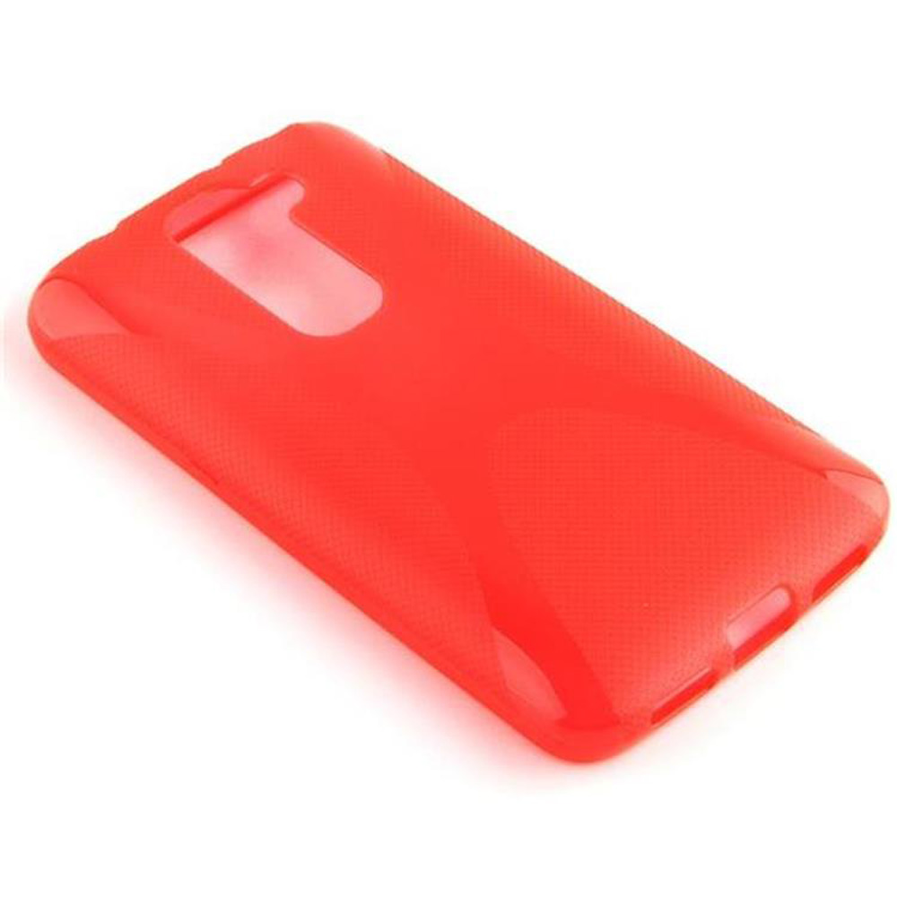 Custodia per telefono rosso brillante, con finitura opaca e ritagli per fotocamera e pulsanti.