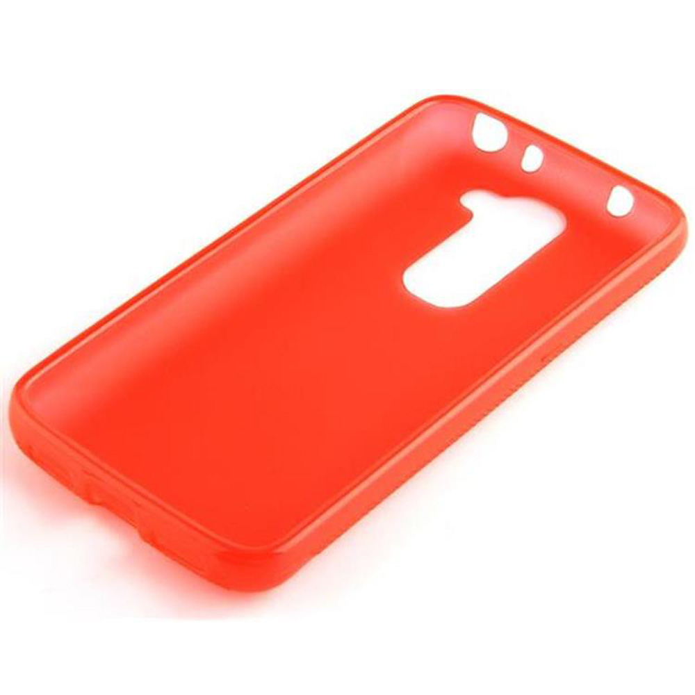 Custodia per telefono rosso brillante, angolata, su una superficie bianca. Fori per fotocamera e pulsanti visibili.