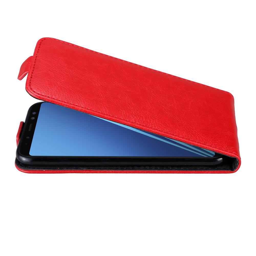 Custodia per telefono rossa, aperta con un telefono all'interno. Lo schermo è blu.