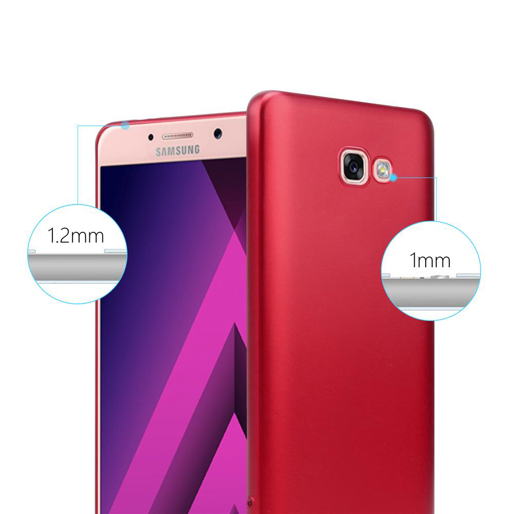 Custodia per telefono rossa su un telefono, con schermo e fotocamera rialzati. Mostra lo schermo e l'area della fotocamera del telefono.