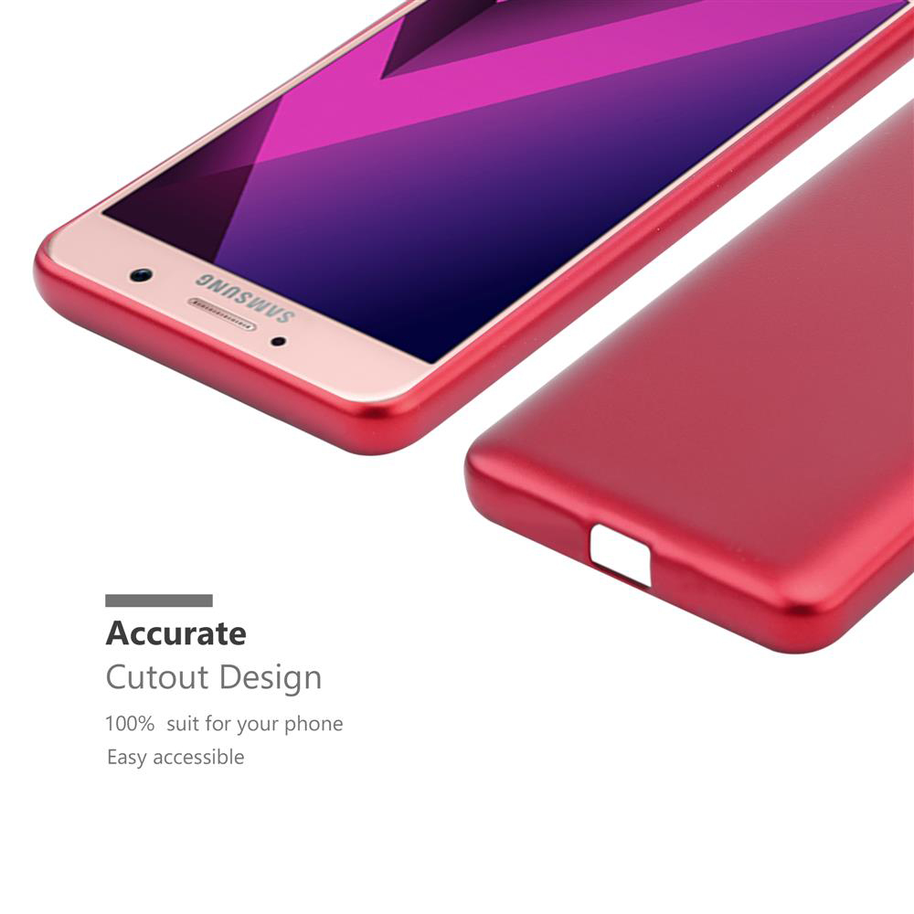 Telefono con custodia rossa. Il telefono ha uno schermo rosa. La custodia è rossa e ha un ritaglio per la fotocamera.