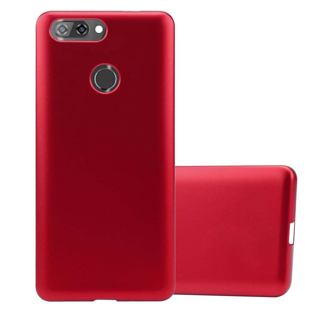Custodia rossa per telefono, due custodie. Una in piedi, l'altra piatta. Fotocamera e pulsanti visibili. Sfondo bianco.