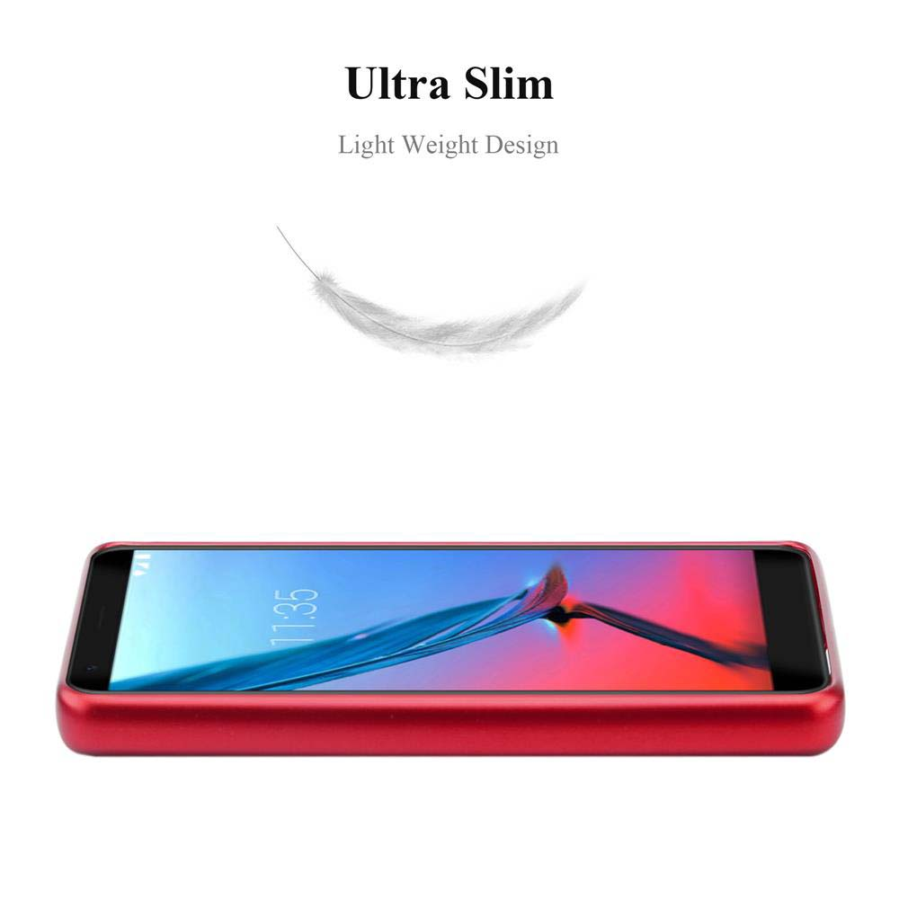 Telefono rosso in una custodia rossa. Una piuma fluttua sopra.