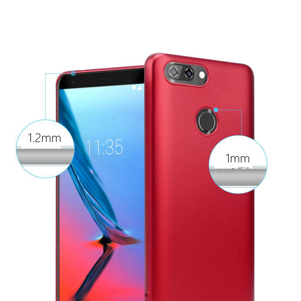 Custodia rossa per telefono con un telefono all'interno. Il testo dice 1,2 mm e 1 mm. Telefono sullo sfondo.