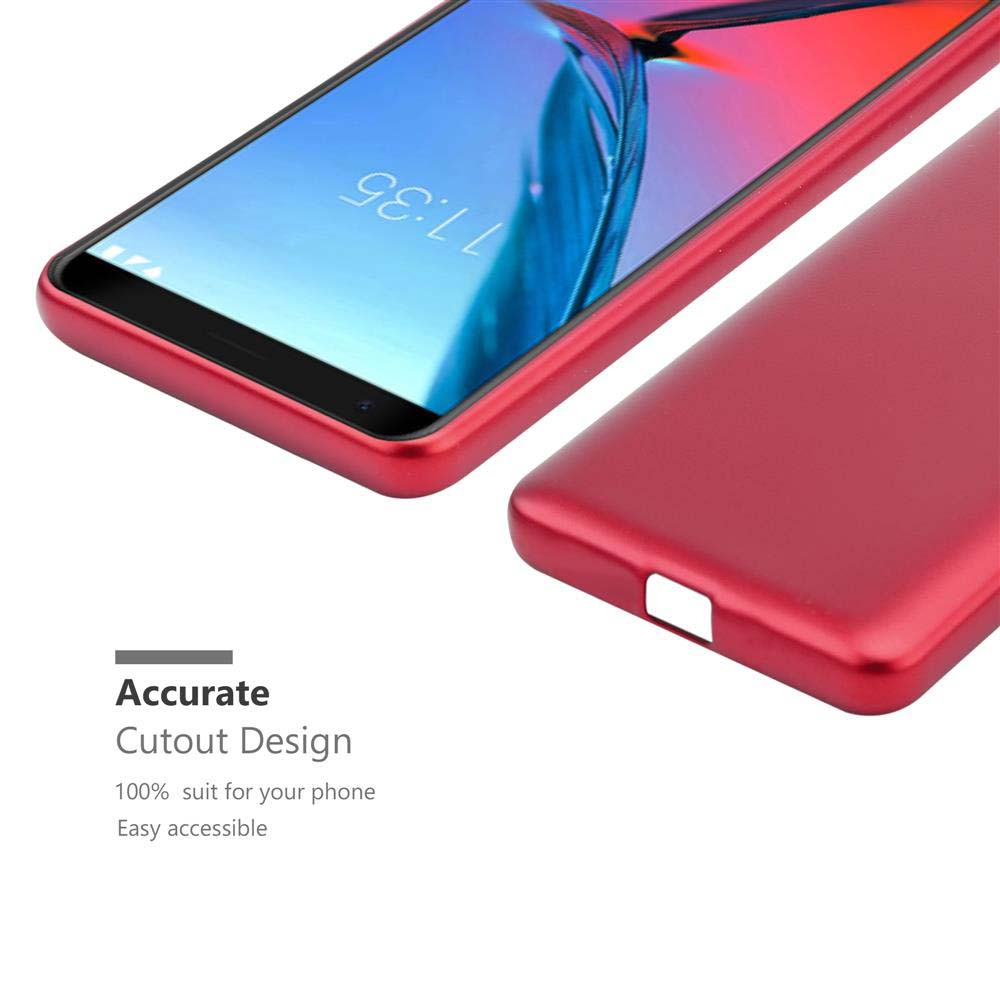 Custodia rossa per telefono con telefono all'interno, che mostra lo schermo. Testo: Design di ritaglio accurato.