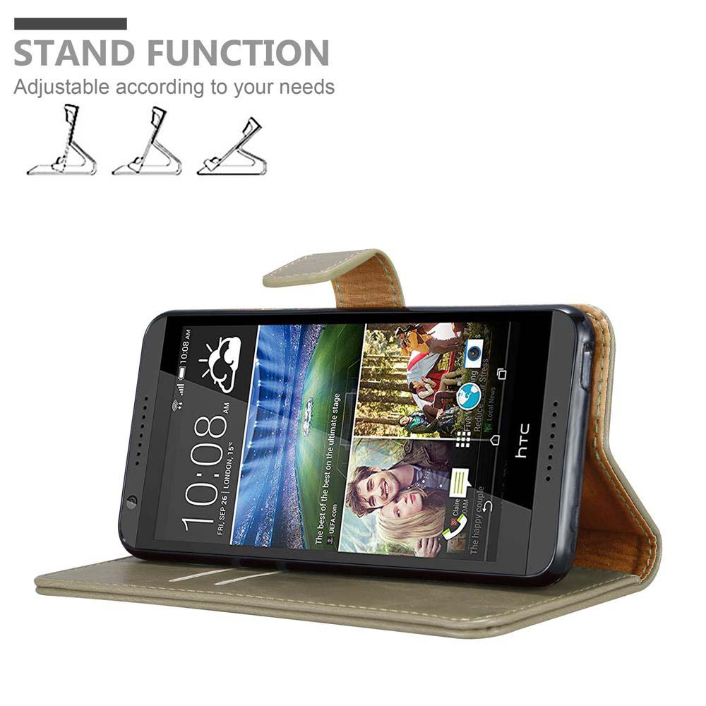 Telefon in einer Handyhülle, offen. Telefonbildschirm mit Uhrzeit und Bild. Standfunktion Text und Symbole.