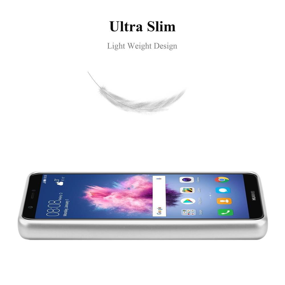 Un telefono in una custodia argentata. Testo: Ultra sottile, design leggero. Una piuma fluttua sopra il telefono.