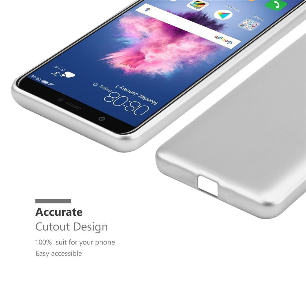 Telefono argentato con custodia. Design preciso. Il telefono mostra le icone delle app. Sfondo bianco.