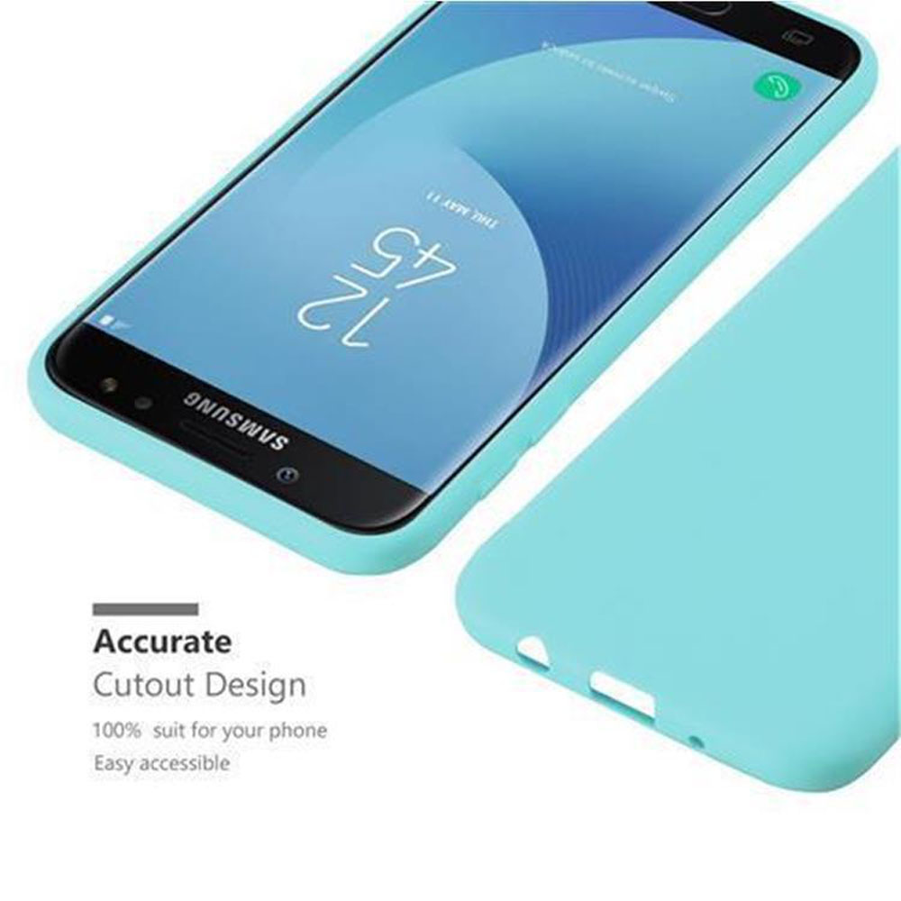 Un teléfono está en una funda azul. El texto dice 'Diseño de recorte preciso' y 'Fácilmente accesible'.