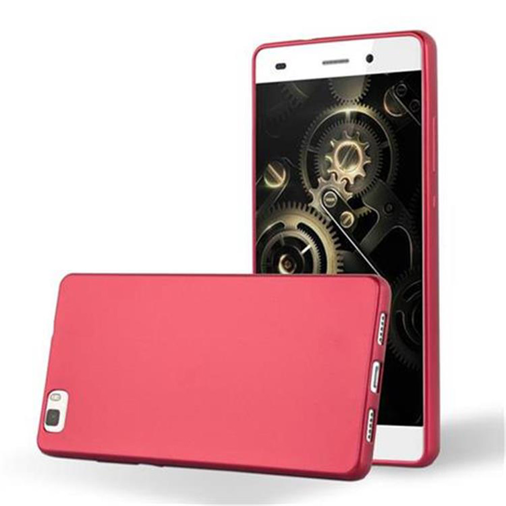 Funda de teléfono roja con teléfono dentro. El teléfono muestra engranajes y partes de máquinas. Fondo blanco.