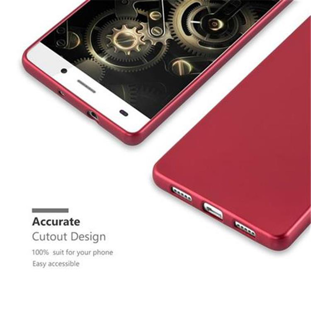 Dos fundas de teléfono, una abierta y otra cerrada, ambas rojas. El texto dice, Diseño de corte preciso.