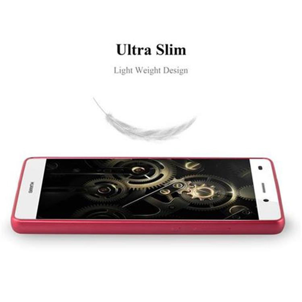 Smartphone con funda roja, gráfico de engranajes y las palabras Ultra Slim.