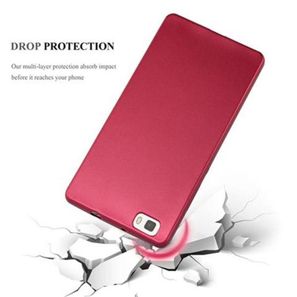 Funda roja para teléfono, teléfono cayendo. Muestra protección contra caídas, con roturas blancas alrededor.