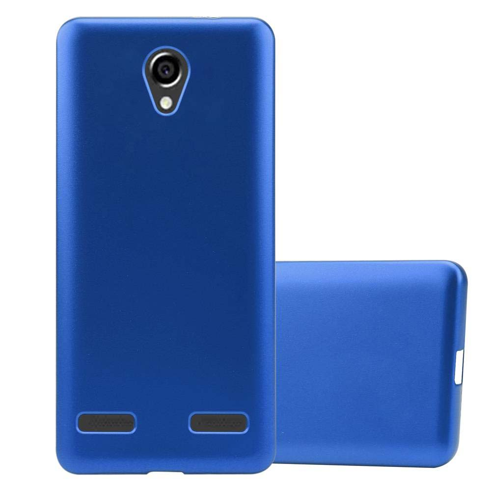 Custodia blu per telefono, due pezzi. Mostra la fotocamera su uno e il retro sull'altro.