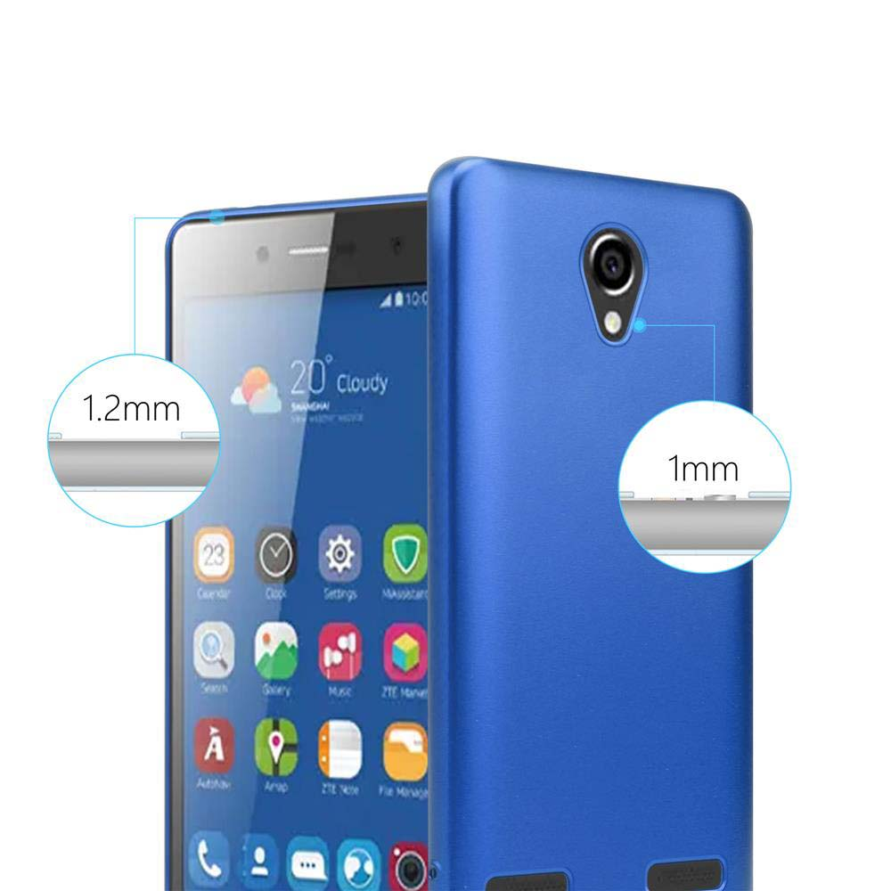 Telefono blu accanto a una custodia blu. Il testo mostra le misure dello spessore.