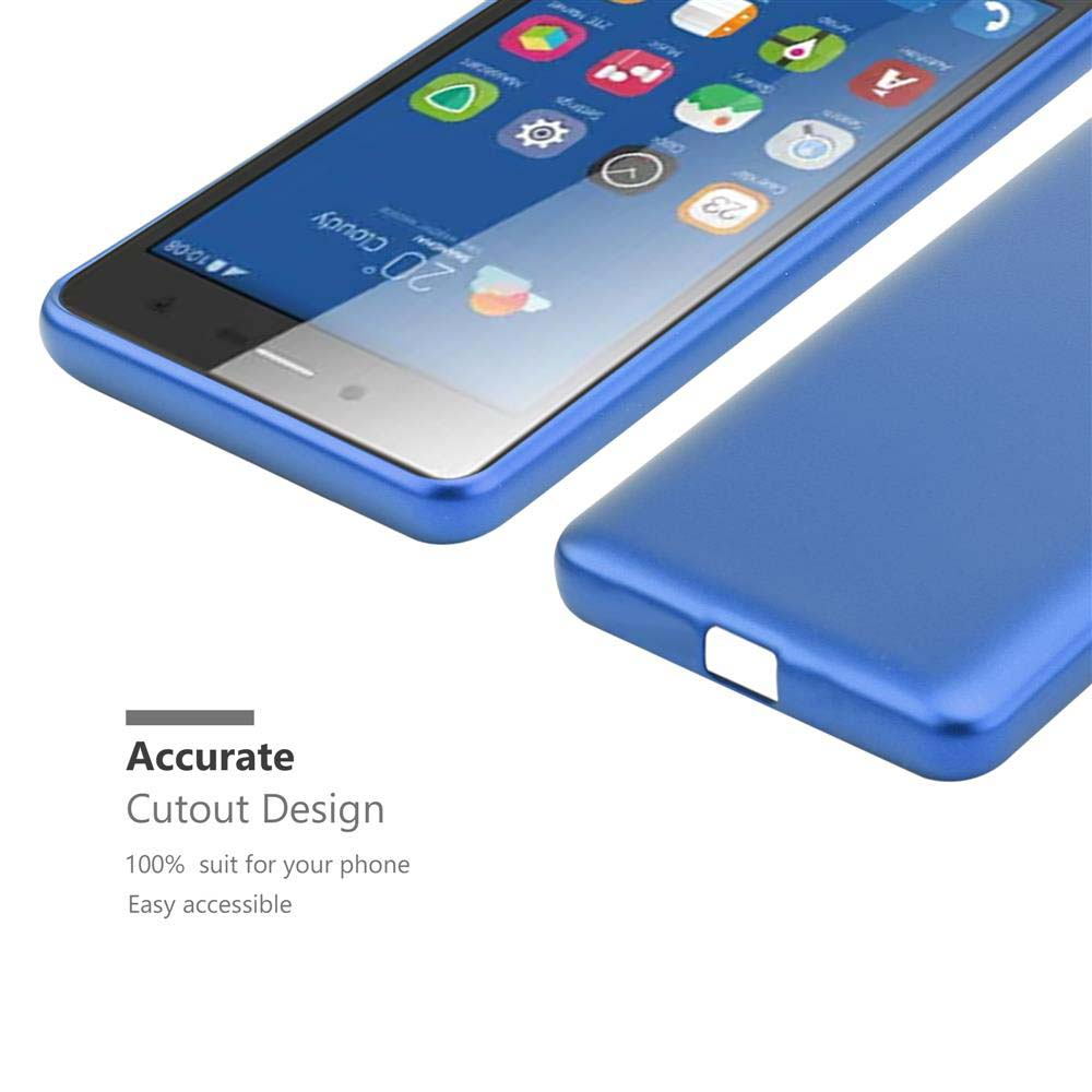 Custodia blu e telefono. Il telefono mostra icone. La custodia è accanto al telefono.
