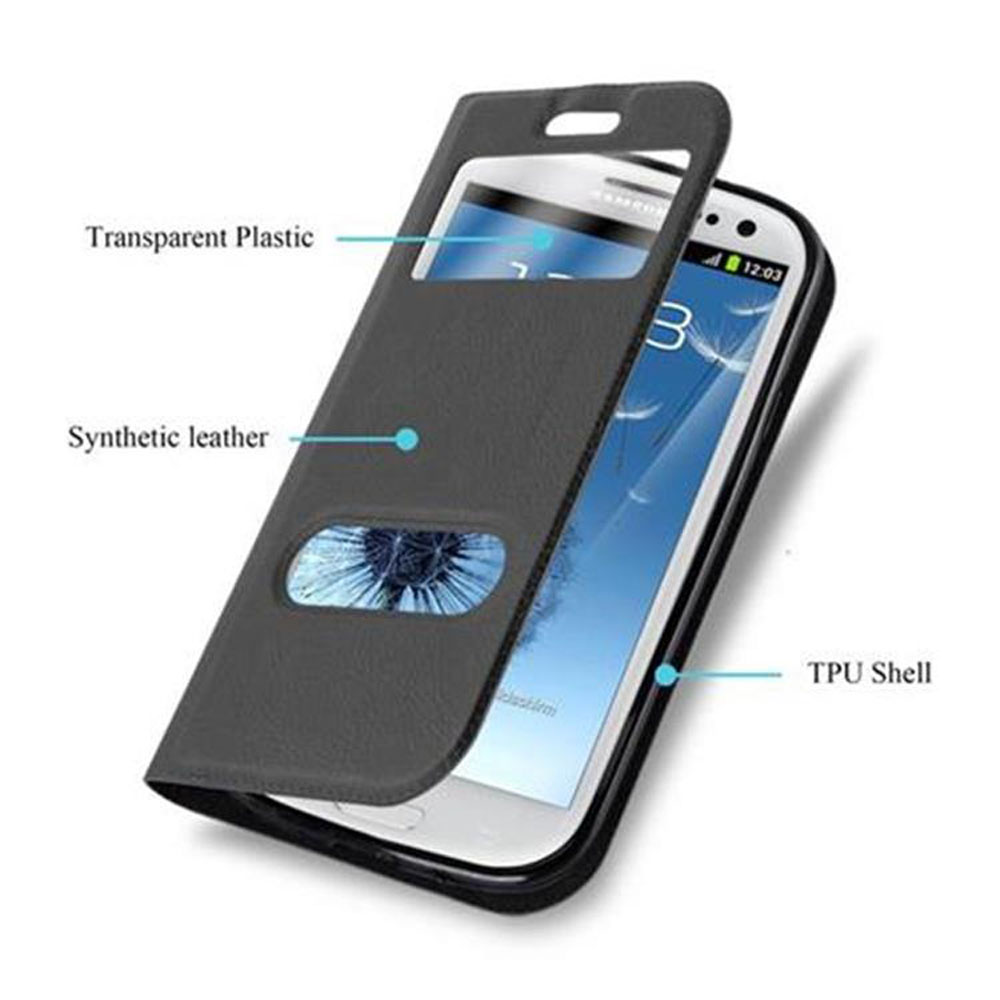 Un teléfono dentro de una funda gris para teléfono. La funda está abierta, mostrando la pantalla del teléfono.