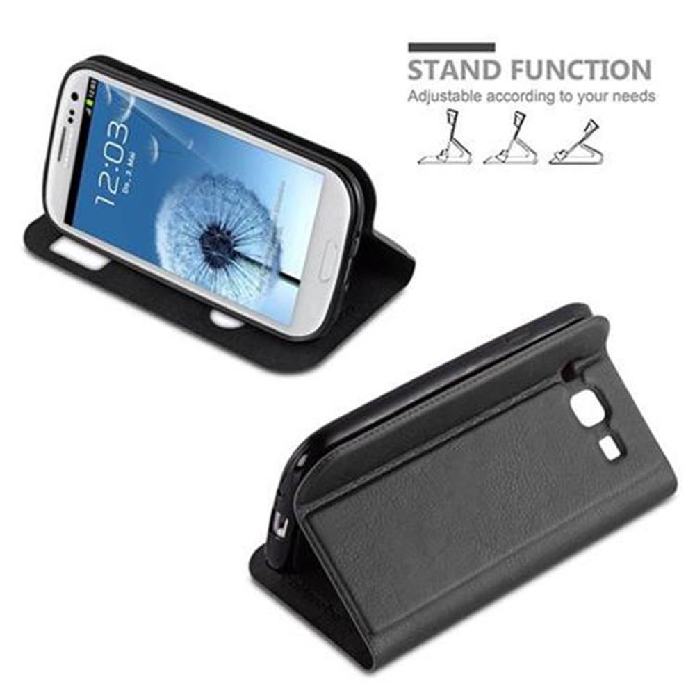 Teléfono en una funda de cuero negro. La funda está abierta, revelando la pantalla del teléfono, con iconos de función de soporte.