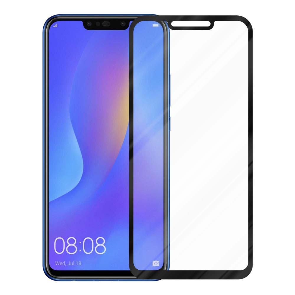 Un telefono con una protezione per lo schermo. Il telefono ha uno schermo blu e una fotocamera anteriore. La protezione è trasparente.