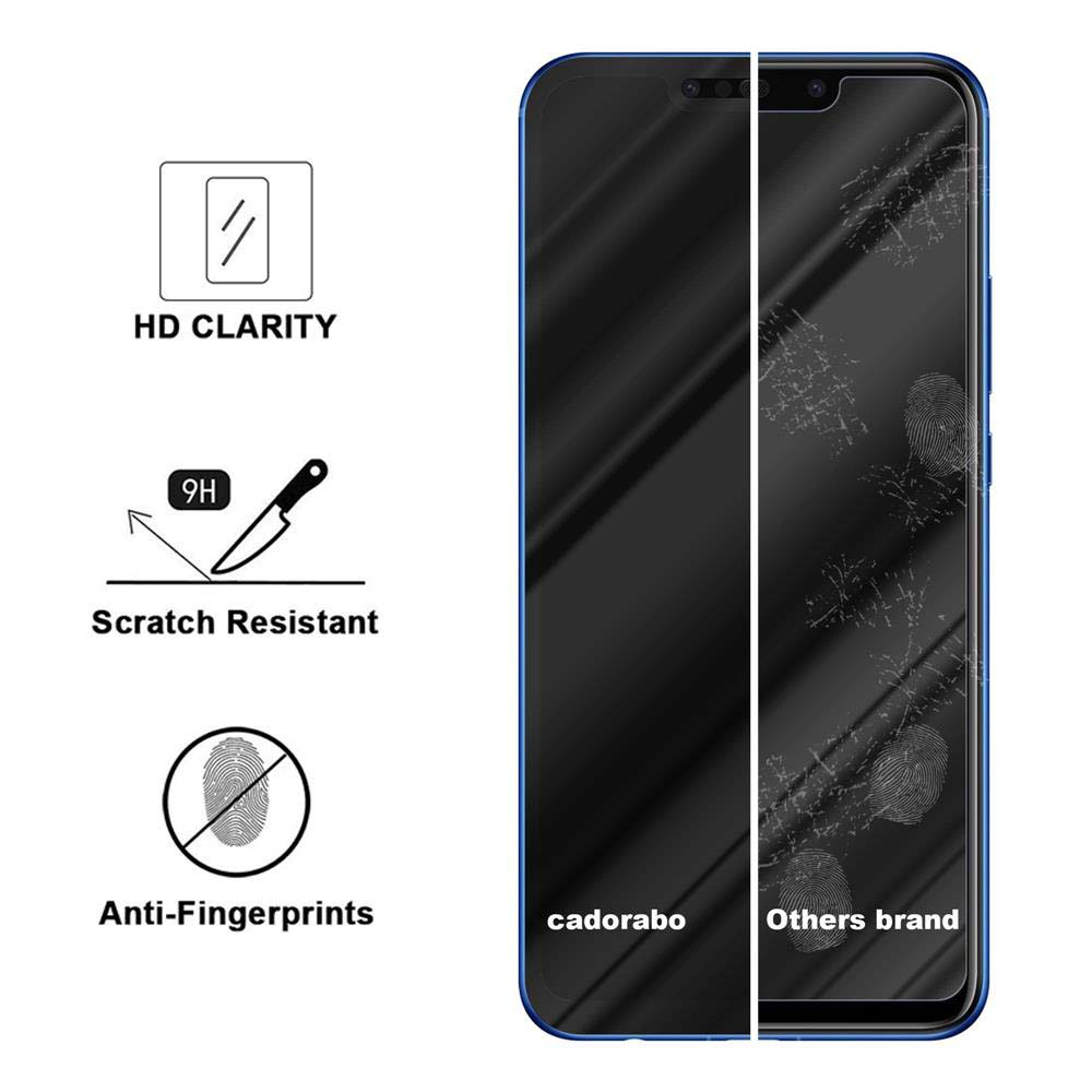 Uno schermo del telefono con icone di resistenza alle impronte digitali e ai graffi. Lo schermo è nero con impronte digitali.