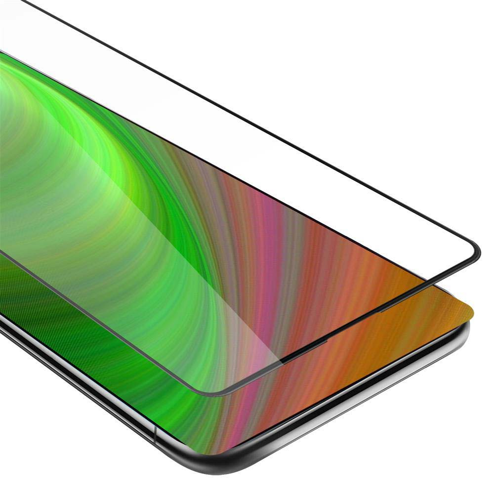 Uno schermo del telefono con una protezione per lo schermo sopra. Lo sfondo è astratto e colorato.