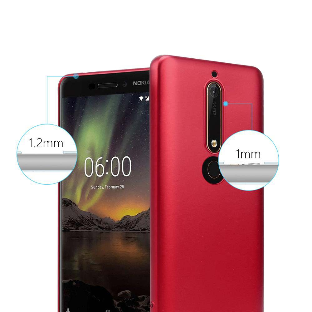Rote Handyhülle am Telefon. Seitenprofil mit Dickenmessungen.