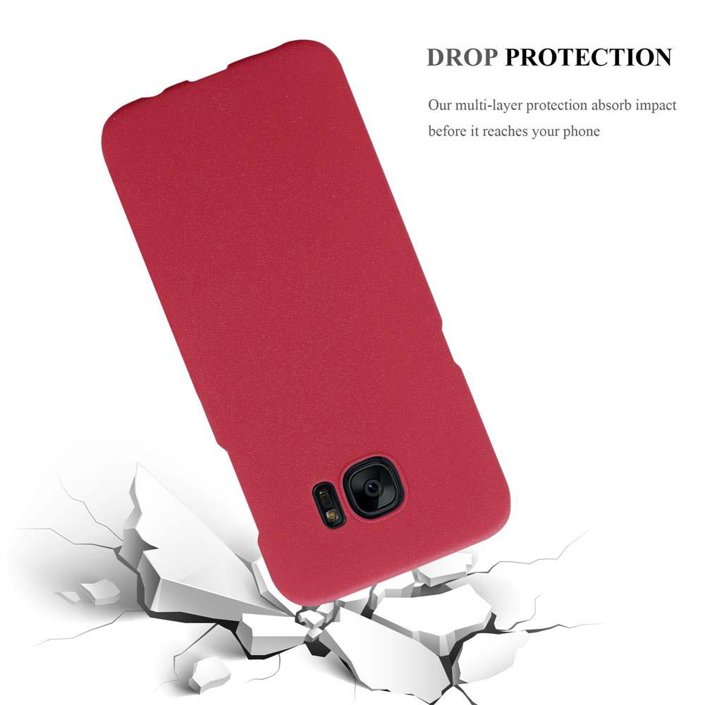 Funda roja para teléfono sobre hormigón roto, en ángulo, mostrando protección contra caídas.