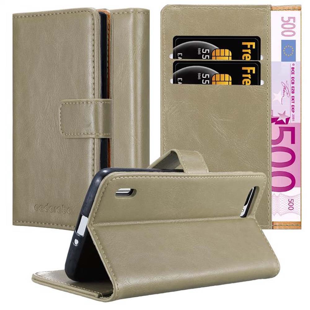 Custodia per telefono in pelle beige aperta, con carte e denaro. Un'altra chiusa.