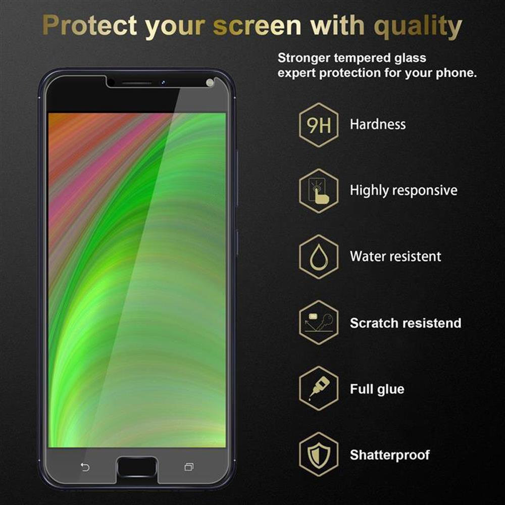 Un telefono con una protezione per lo schermo applicata, con testo che descrive le qualità di protezione, su sfondo scuro.