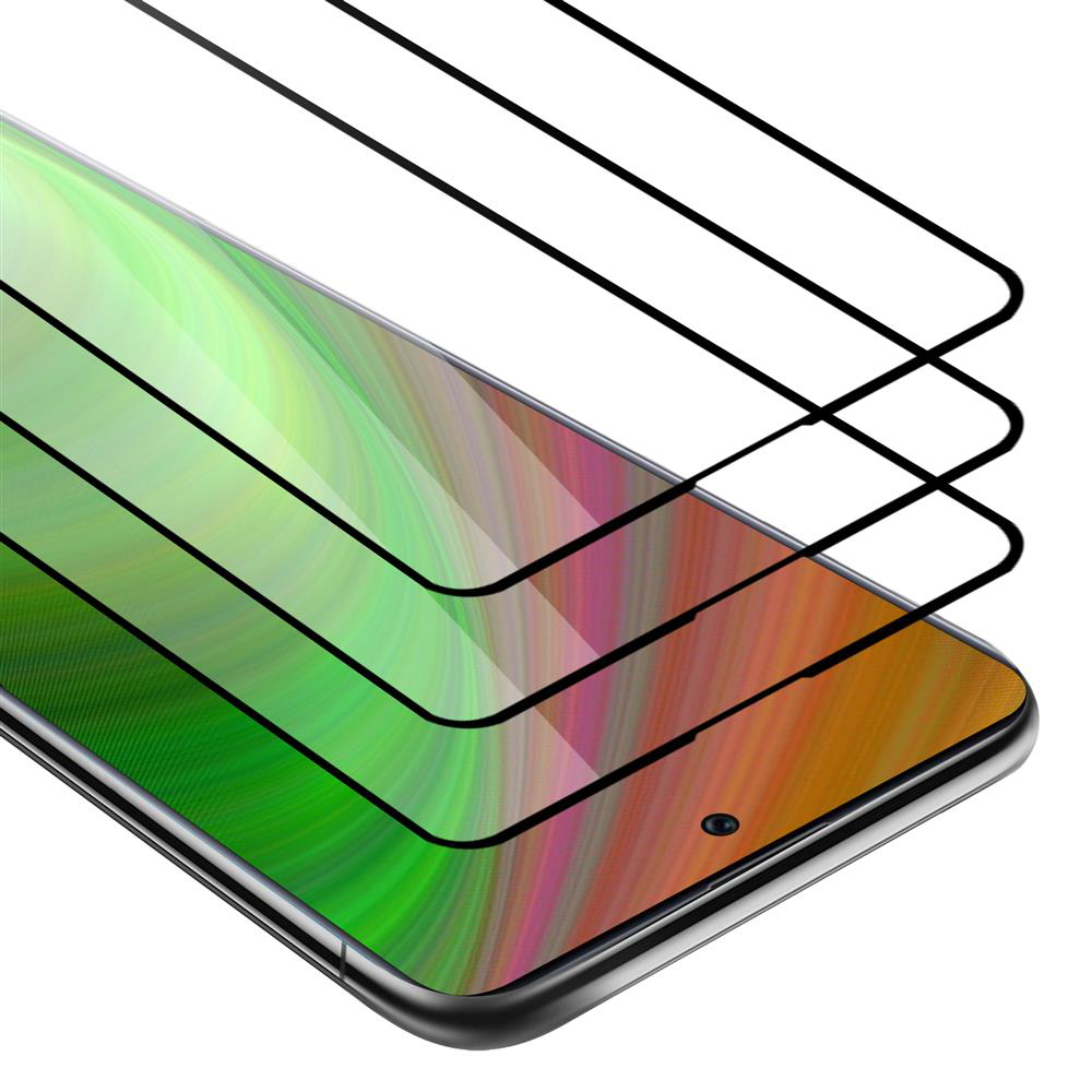 Schermo del telefono con tre strati protettivi. Gli strati sono sopra lo schermo, con bordi neri.