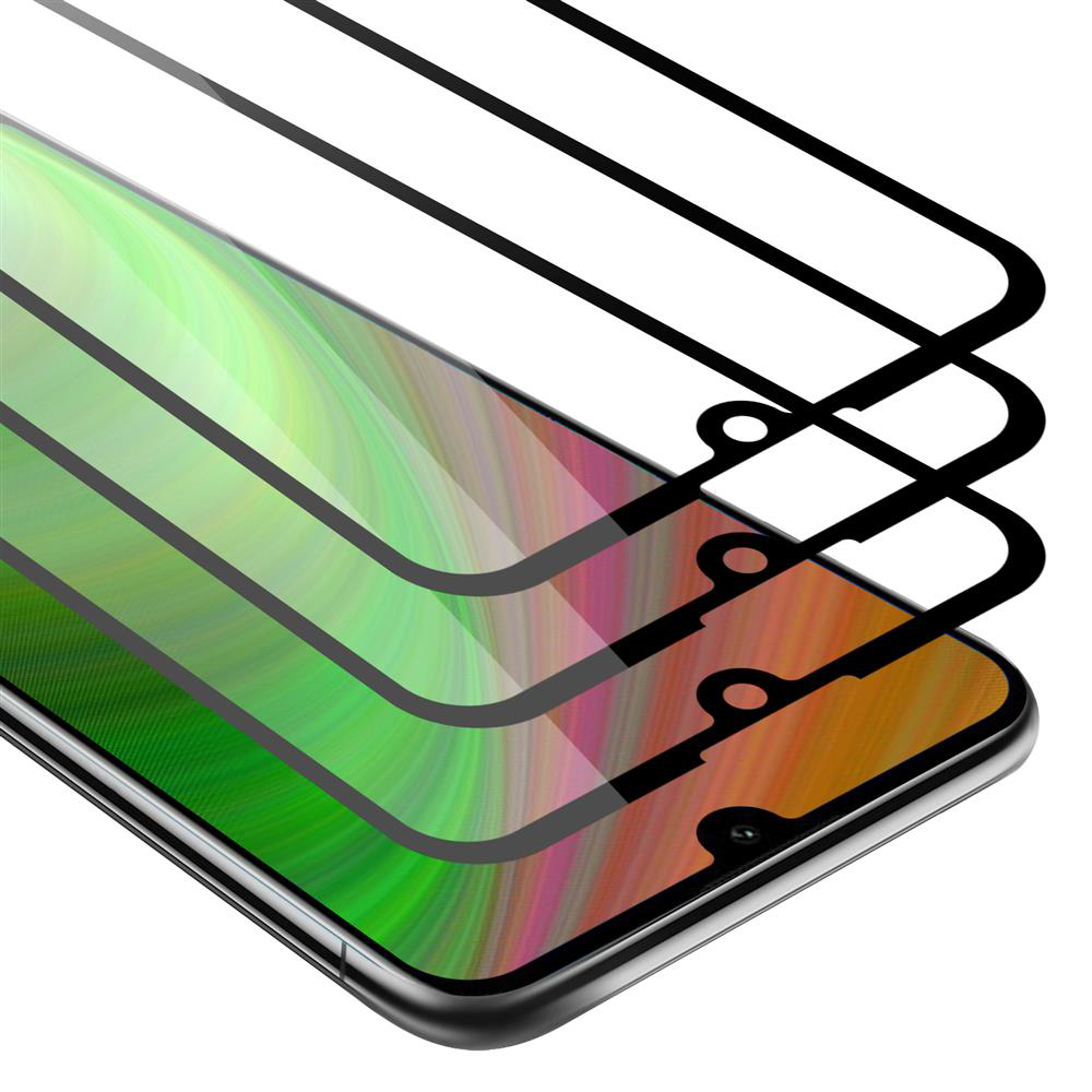 Tre protezioni schermo telefoniche sovrapposte. Bordi neri con schermo colorato. Sfondo chiaro.