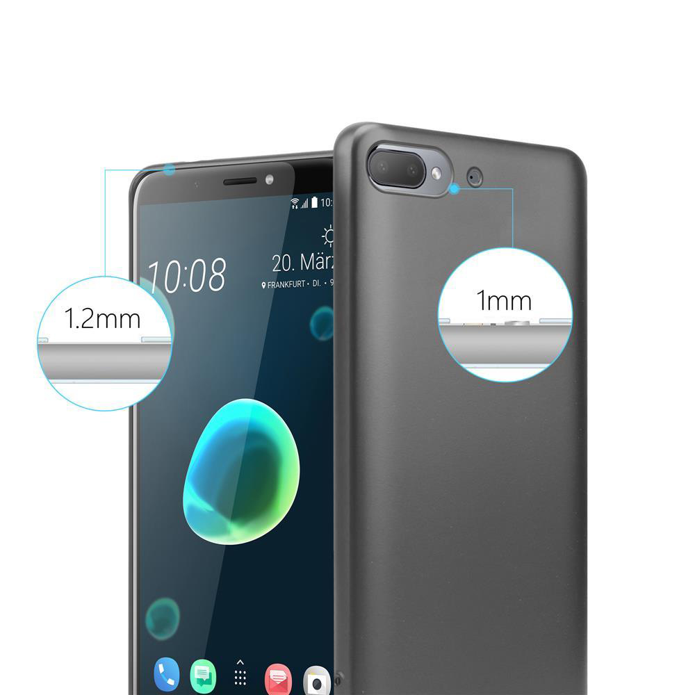Telefon mit schwarzer Hülle. Erhöhte Details von Bildschirm und Rückseite werden gezeigt.