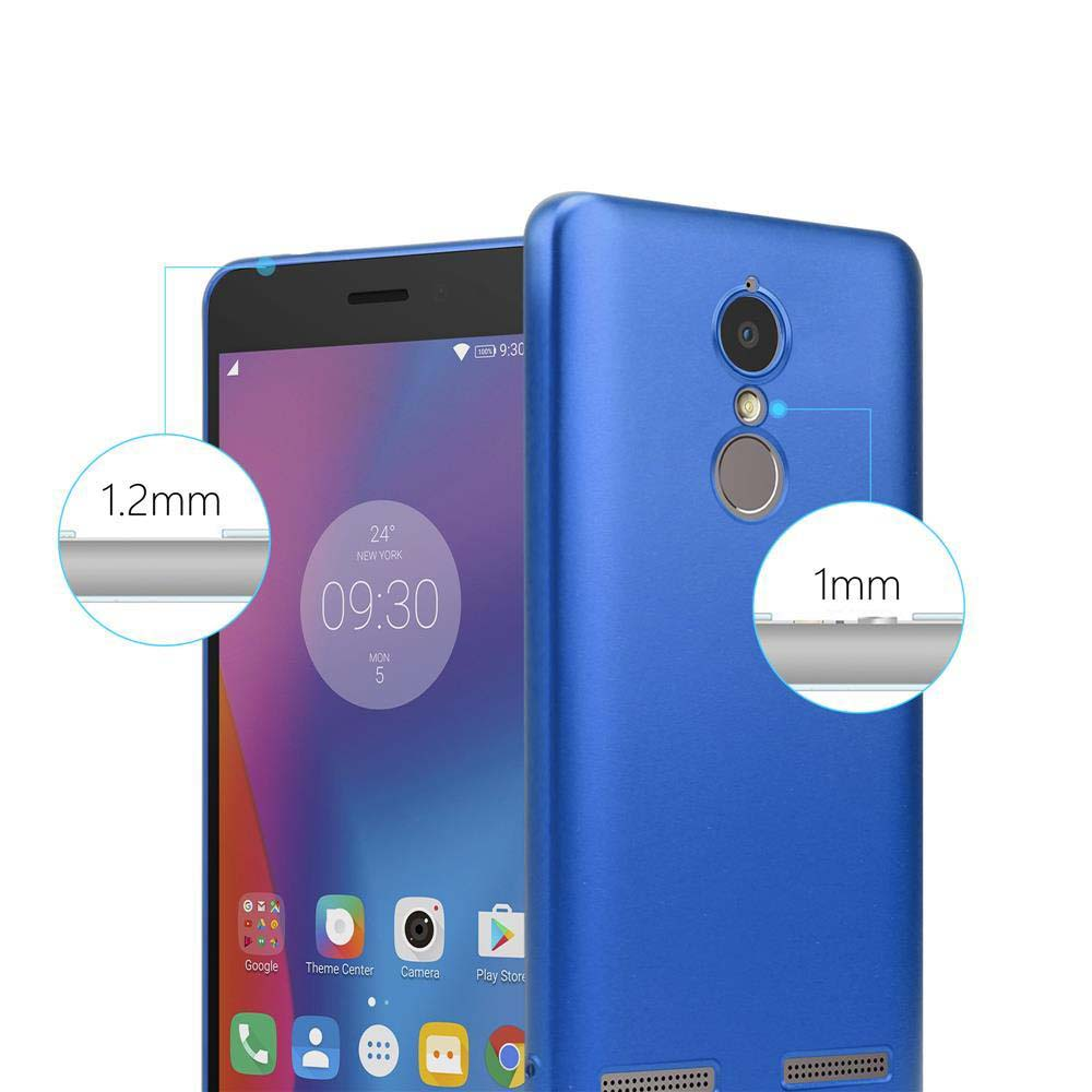 Custodia blu per telefono accanto a un telefono. Lo schermo mostra un orologio. La custodia è spessa 1 mm e 1,2 mm.