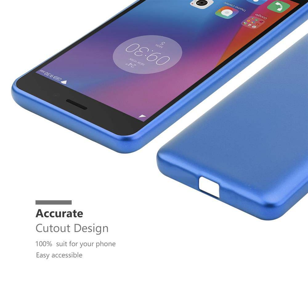 Custodia blu per telefono con un telefono all'interno. La custodia ha ritagli precisi. Un testo dice: Design di ritaglio accurato.