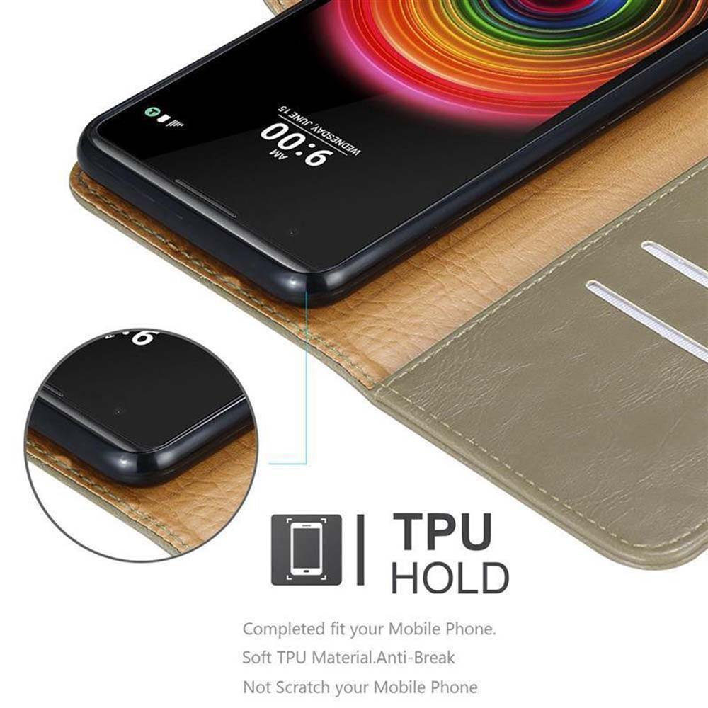 Un telefono con schermo nero in una custodia marrone con etichetta TPU HOLD.