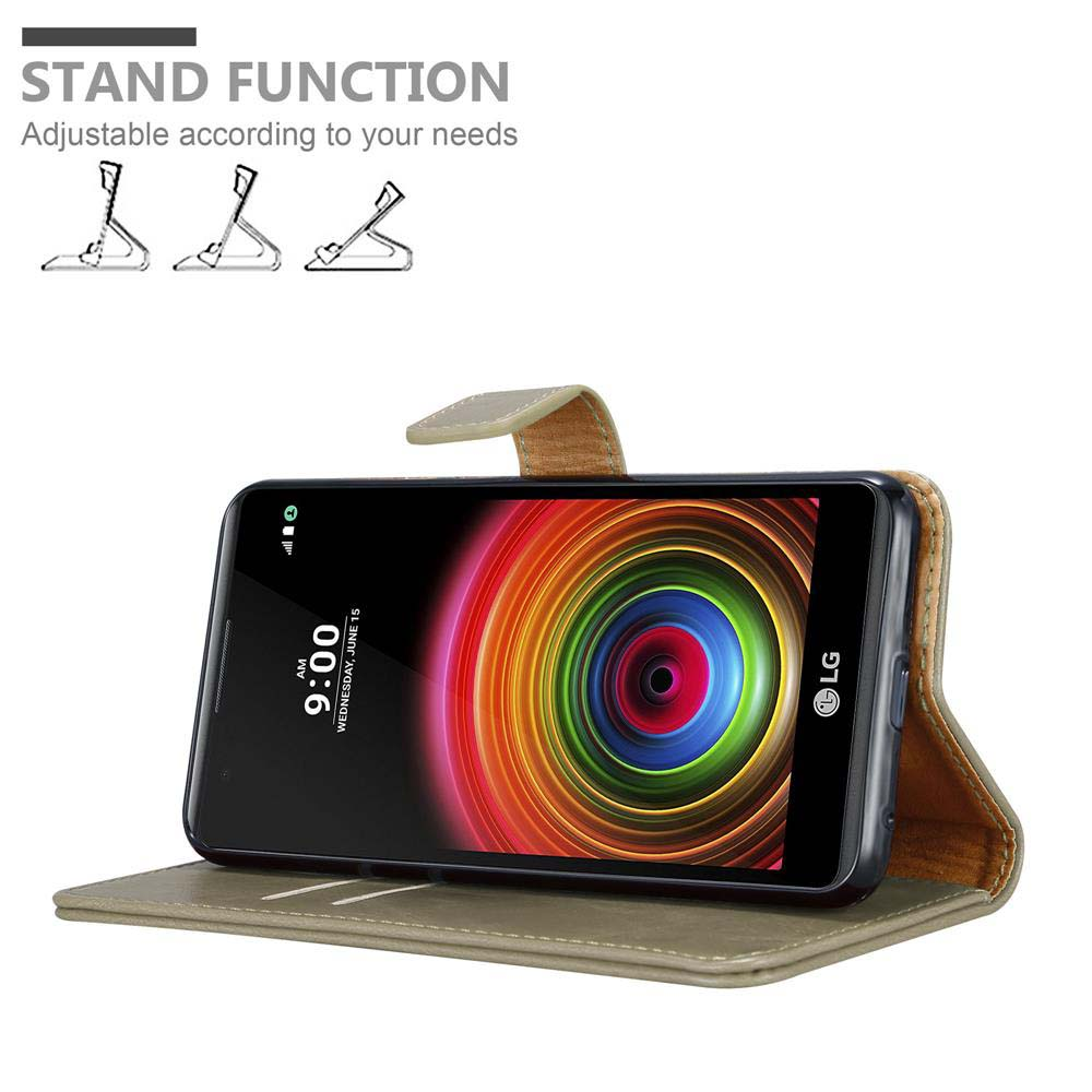 Telefono in custodia. Funzione stand. Display con grafica colorata. Custodia grigia con patta marrone.