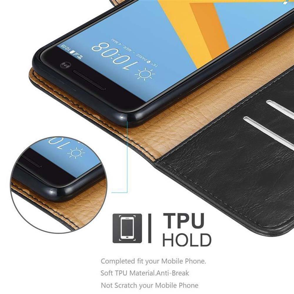 Telefono in una custodia nera. Custodia aperta. Testo 'TPU HOLD' e 'Adattamento completo per il tuo cellulare'.